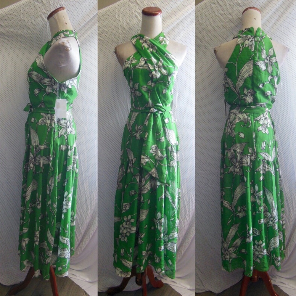 NEW TAYLOR Green EMELIA Floral Print HALTER NECK Crossover A-LINE Maxi DRESS 4